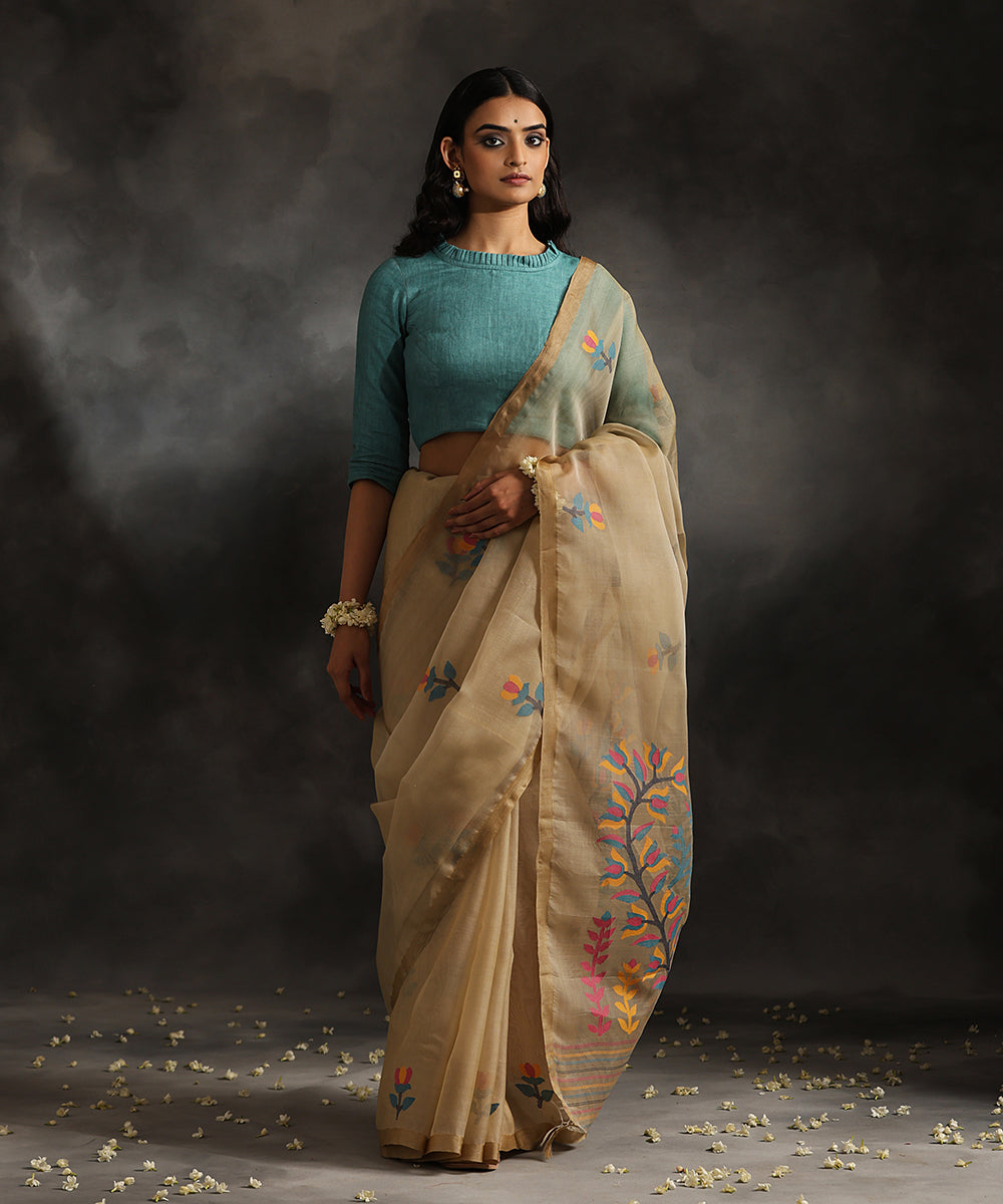 Khaki_Handloom_Pure_Kora_Silk_Muslin_Dhakai_Jamdani_Saree_With_Blue_And_Mustard_Leaves_WeaverStory_02