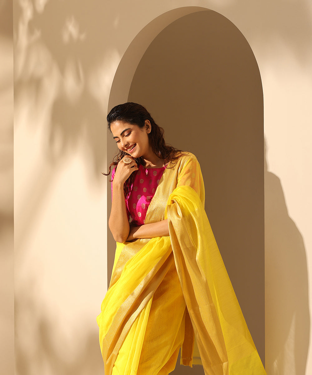 Handloom_Neon_Yellow_Plain_Pure_Cotton_Chanderi_Saree_With_6_Inches_Border_WeaverStory_01