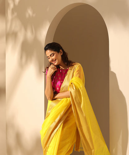 Handloom_Neon_Yellow_Plain_Pure_Cotton_Chanderi_Saree_With_6_Inches_Border_WeaverStory_01