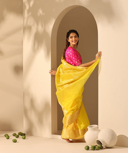 Handloom_Neon_Yellow_Plain_Pure_Cotton_Chanderi_Saree_With_6_Inches_Border_WeaverStory_03