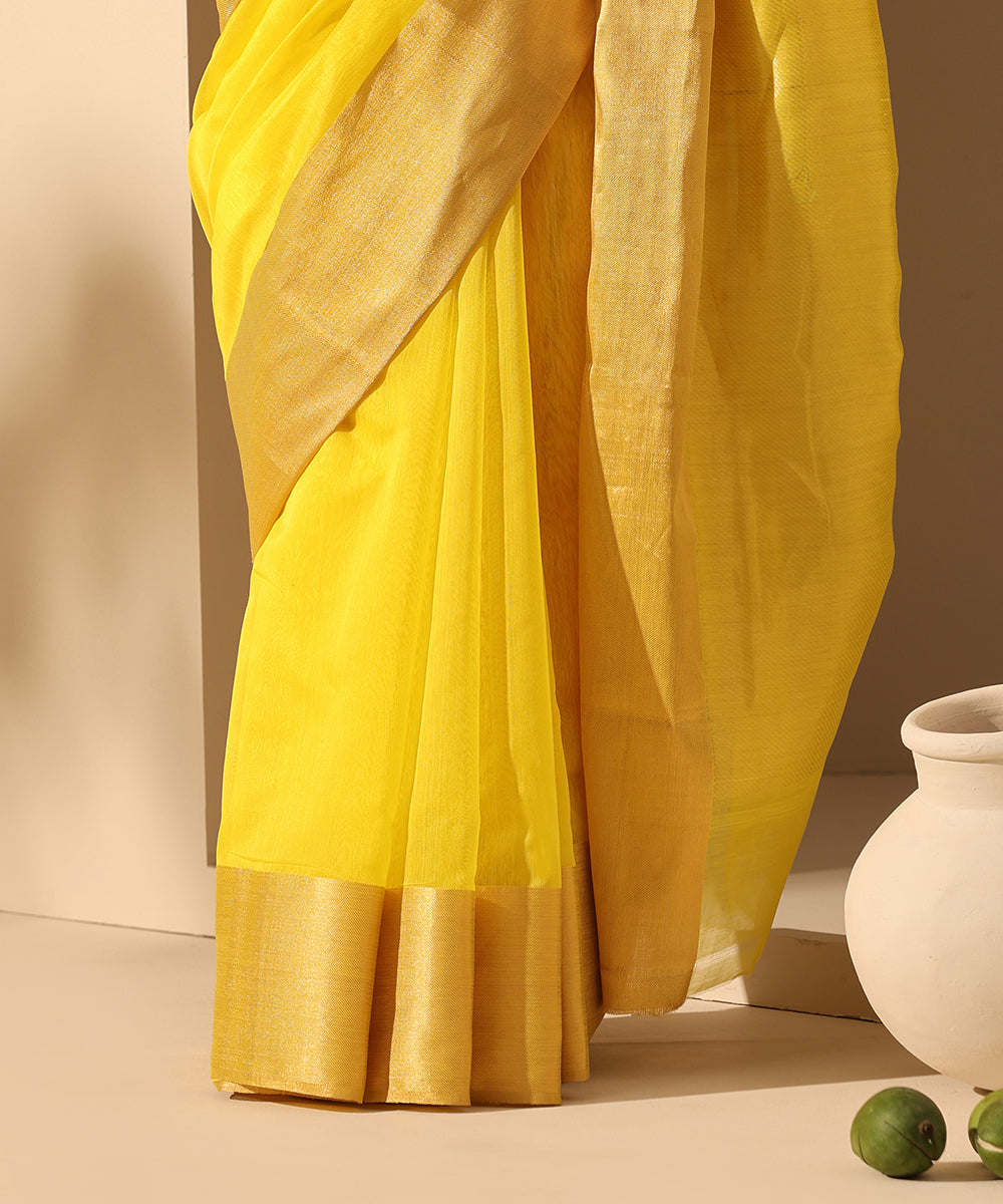 Handloom_Neon_Yellow_Plain_Pure_Cotton_Chanderi_Saree_With_6_Inches_Border_WeaverStory_04