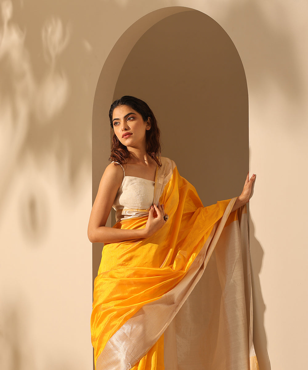 Handloom_Mustard_Pure_Plain_Chanderi_Silk_Saree_With_6_Inches_Border_WeaverStory_01