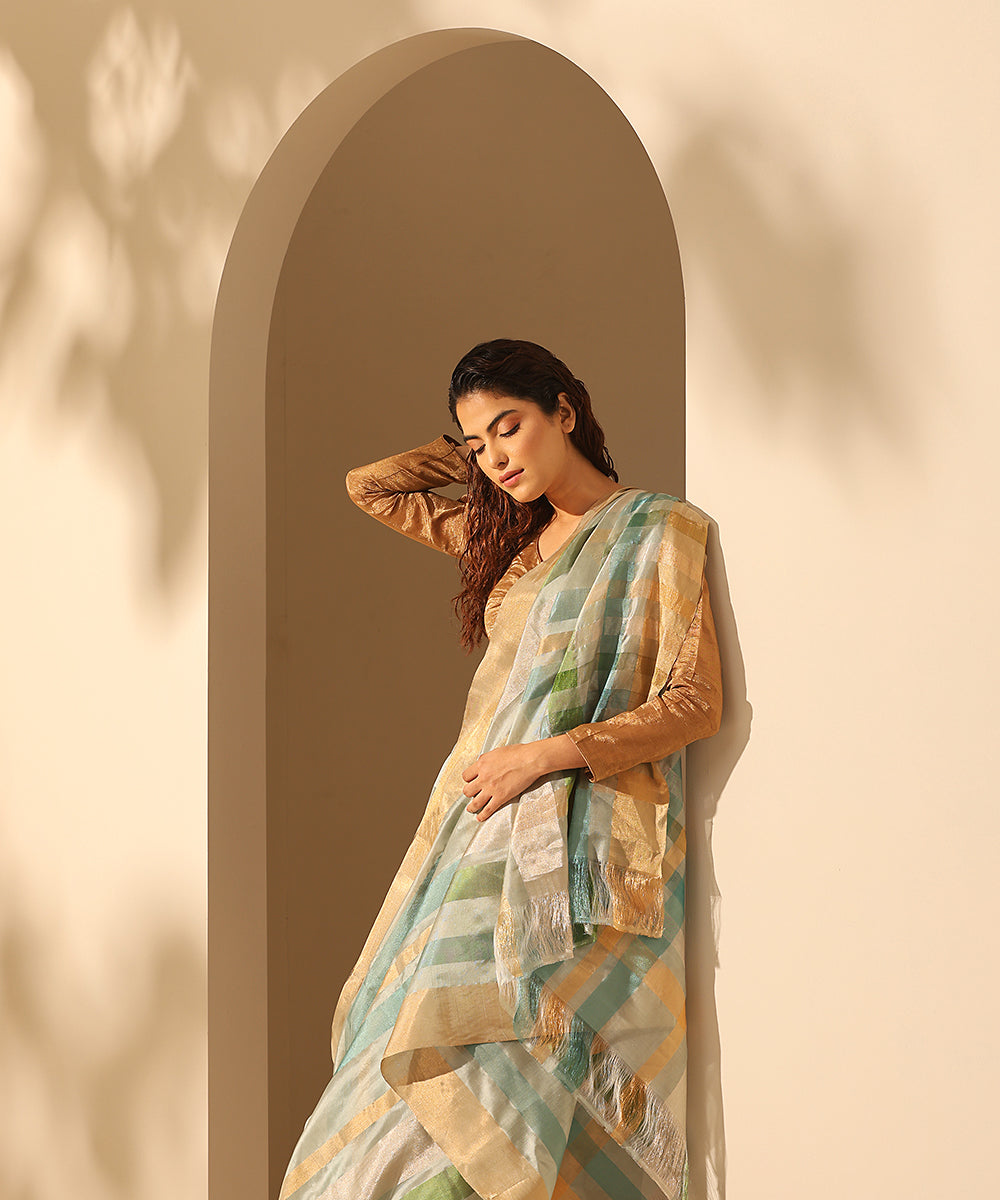 Grey_And_Blue_Handloom_Pure_Chanderi_Tissue_Saree_With_Stripes_WeaverStory_01