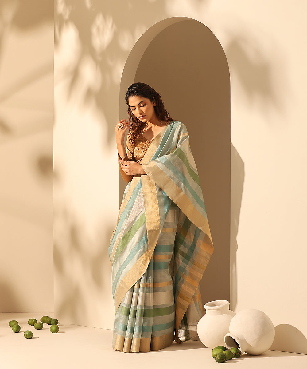 Grey_And_Blue_Handloom_Pure_Chanderi_Tissue_Saree_With_Stripes_WeaverStory_02