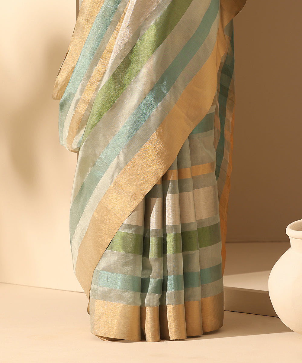 Grey_And_Blue_Handloom_Pure_Chanderi_Tissue_Saree_With_Stripes_WeaverStory_04