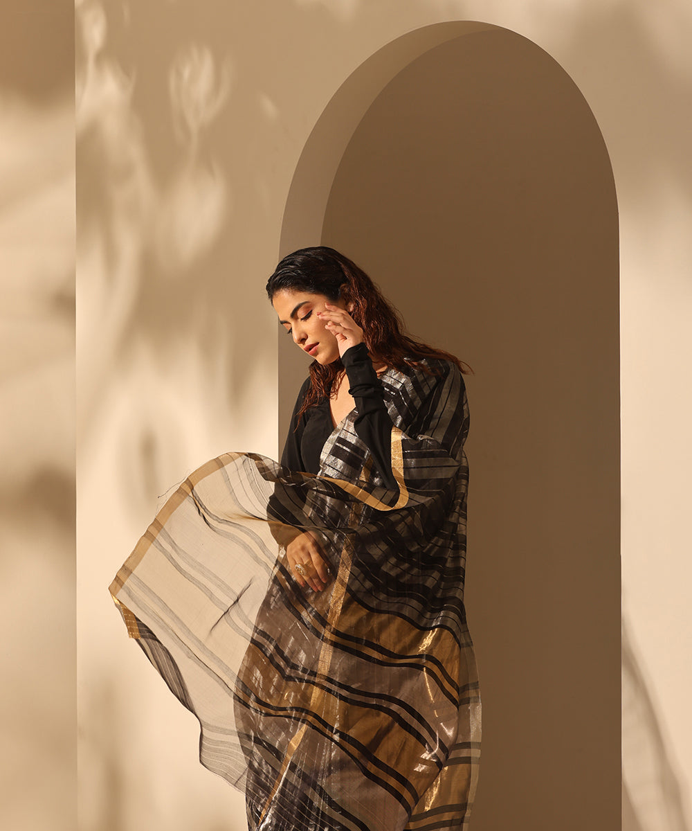 Handloom_Black_And_Silver_Pure_Chanderi_Striped_Saree_WeaverStory_01