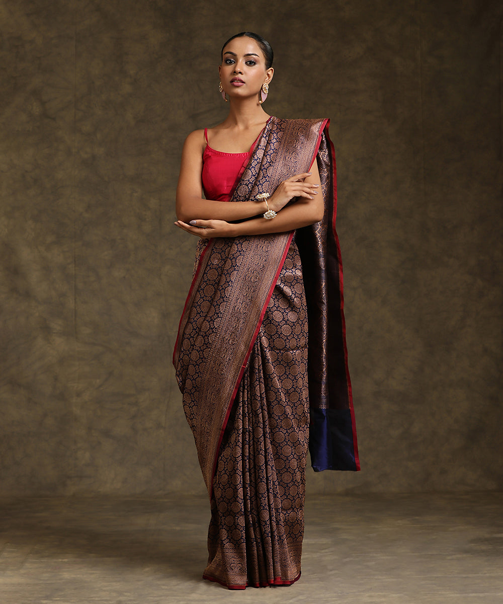 Buy Nitika Gujral Maroon Draped Saree With Embroidered V Neck Blouse Online  | Aza Fashions
