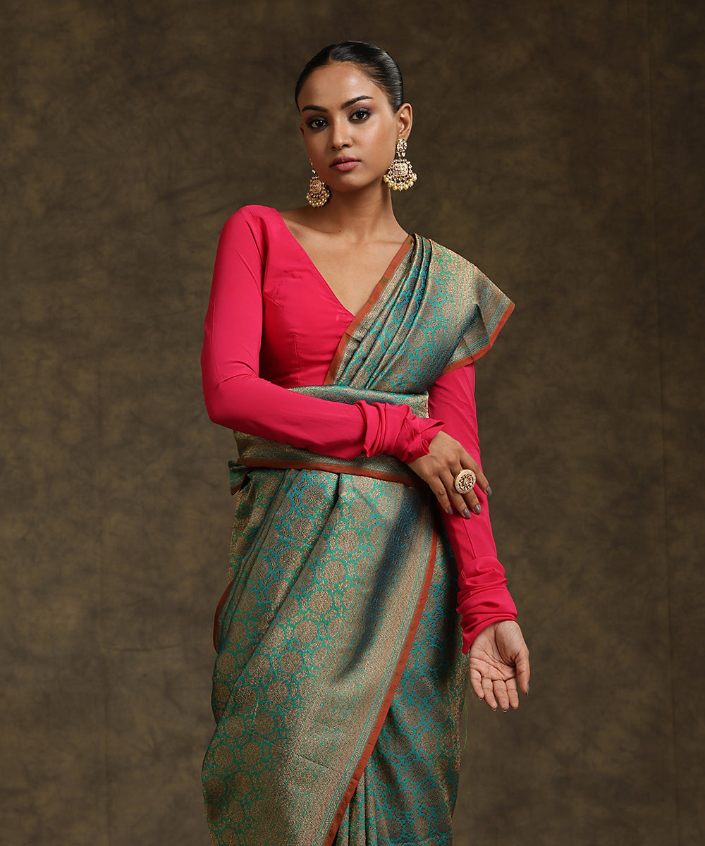 Handloom_Sea_Green_Double_Shade_Pure_Katan_Silk_Kimkhab_Banarasi_Saree_With_Maroon_Selvedge_WeaverStory_01