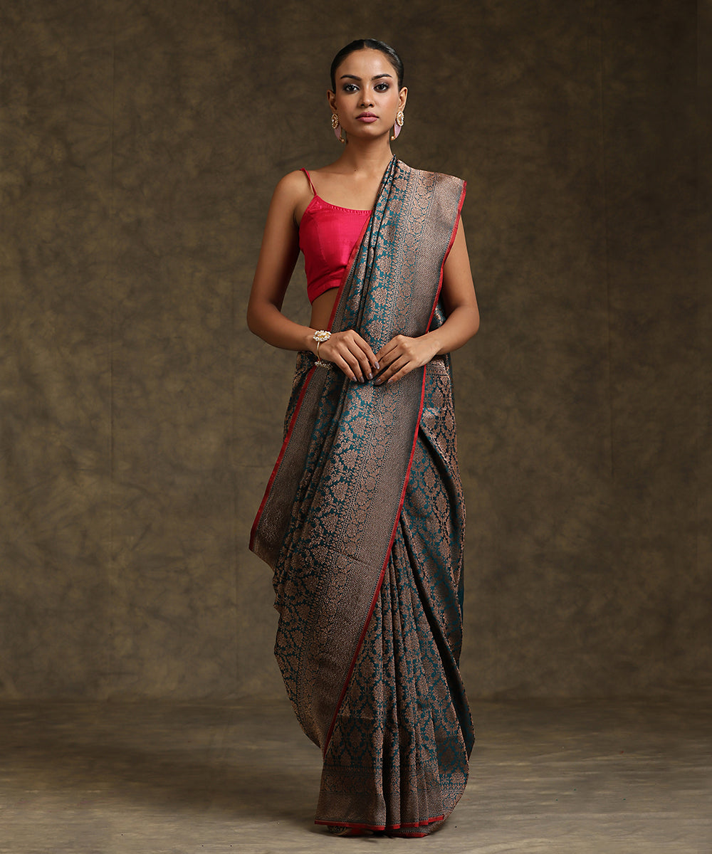 Handloom_Teal_Green_Pure_Katan_Silk_Kimkhab_Banarasi_Saree_With_Maroon_Selvedge_WeaverStory_02