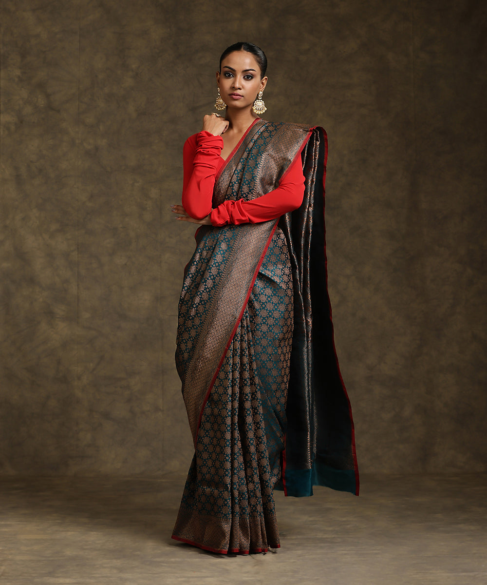 Teal_Green_Handloom_Pure_Katan_Silk_Kimkhab_Banarasi_Saree_With_Maroon_Selvedge_WeaverStory_02