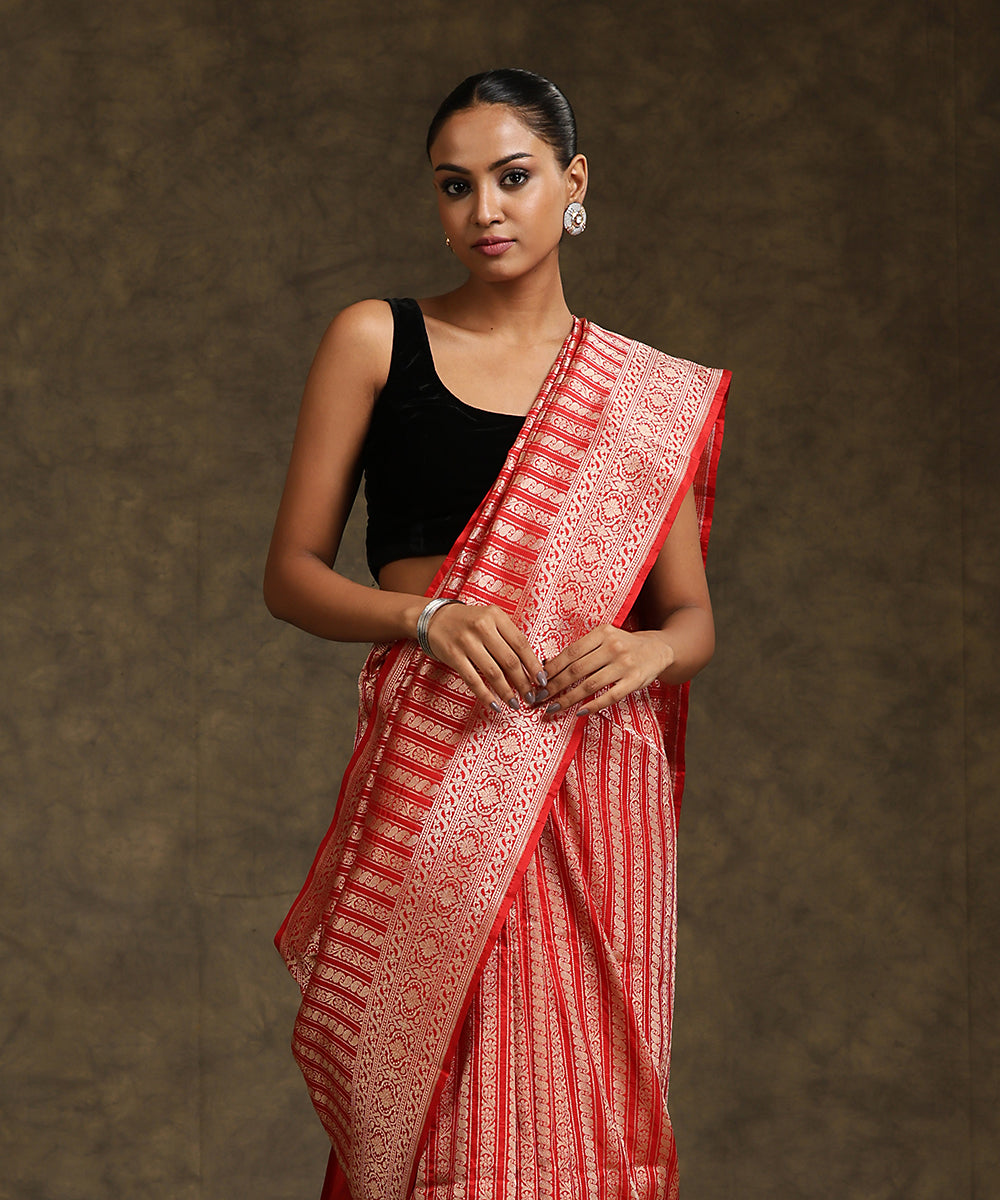 Handloom_Red_Pure_Katan_Silk_Banarasi_Saree_With_All_Over_Zari_Stripes_And_Border_WeaverStory_01