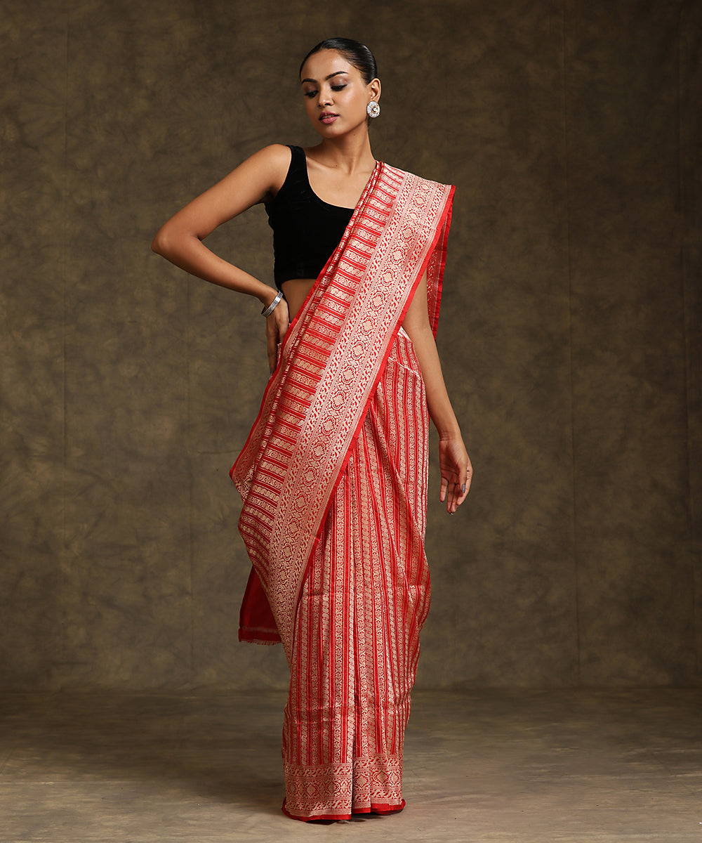 Handloom_Red_Pure_Katan_Silk_Banarasi_Saree_With_All_Over_Zari_Stripes_And_Border_WeaverStory_02