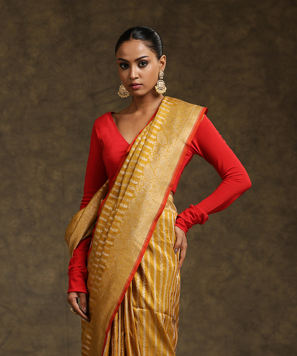 Handloom_Mustard_Pure_Katan_Silk_Banarasi_Saree_With_Sona_Rupa_Stripes_And_Border_WeaverStory_01
