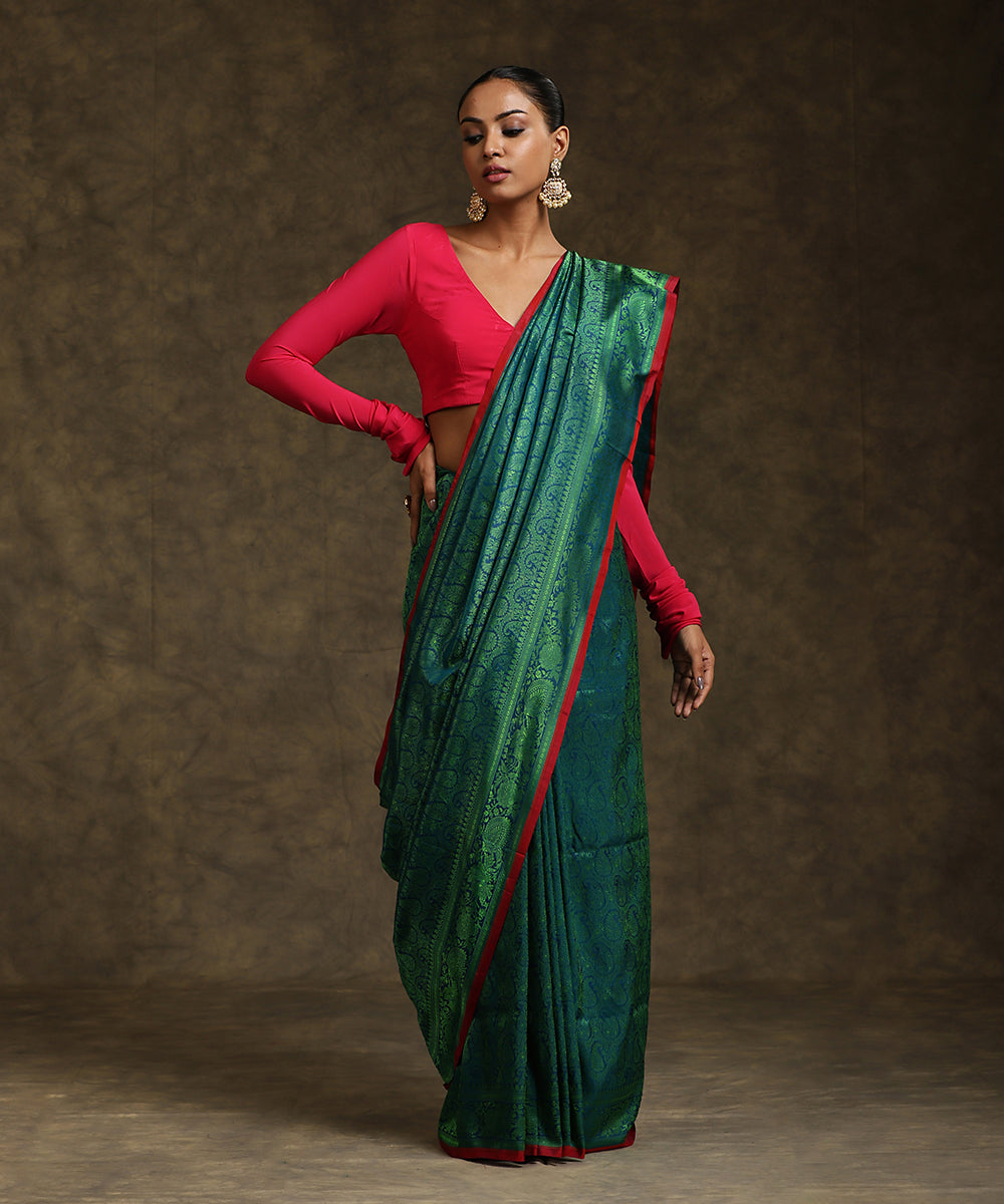 Handloom_Peacock_Green_Pure_Katan_Silk_Tanchoi_Banarasi_Saree_With_Light_Green_Resham_Work_WeaverStory_02