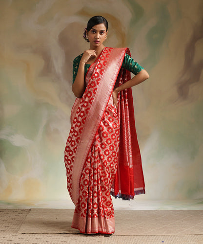 Red_Handloom_Pure_Katan_Silk_Banarasi_Saree_With_All_Over_Gold_Zari_Cutwork_Jaal_WeaverStory_02