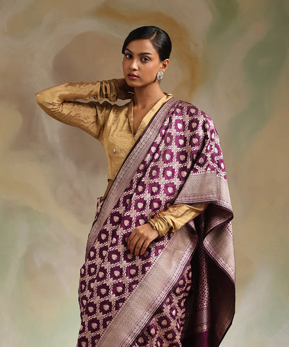 Wine_Handloom_Pure_Katan_Silk_Banarasi_Saree_With_Golden_Cutwork_Jaal_WeaverStory_01