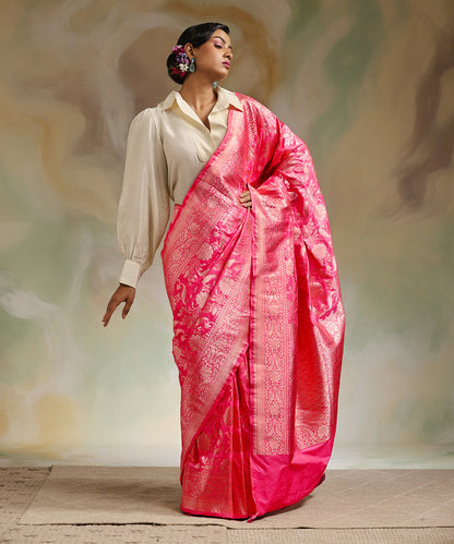 Handloom_Hot_Pink_Pure_Katan_Silk_Banarasi_Saree_With_All_Over_Sona_Rupa_Cutwork_Jaal_WeaverStory_02