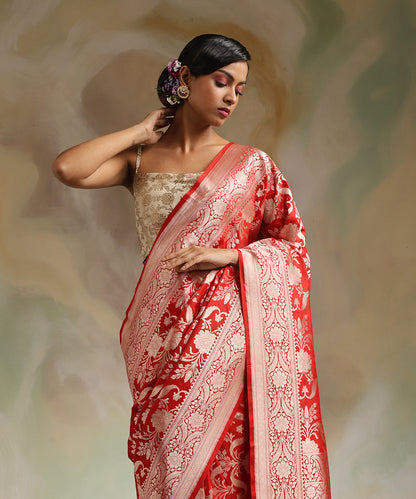 Red_Handloom_Pure_Katan_Silk_Banarasi_Saree_With_All_Over_Gold_Zari_Cutwork_Jaal_WeaverStory_01