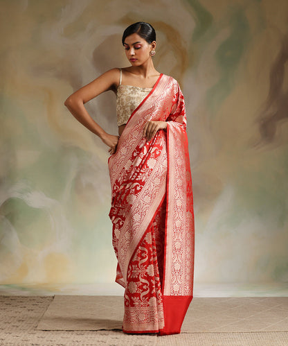 Red_Handloom_Pure_Katan_Silk_Banarasi_Saree_With_All_Over_Gold_Zari_Cutwork_Jaal_WeaverStory_02