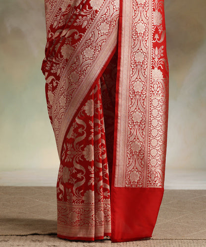 Red_Handloom_Pure_Katan_Silk_Banarasi_Saree_With_All_Over_Gold_Zari_Cutwork_Jaal_WeaverStory_04