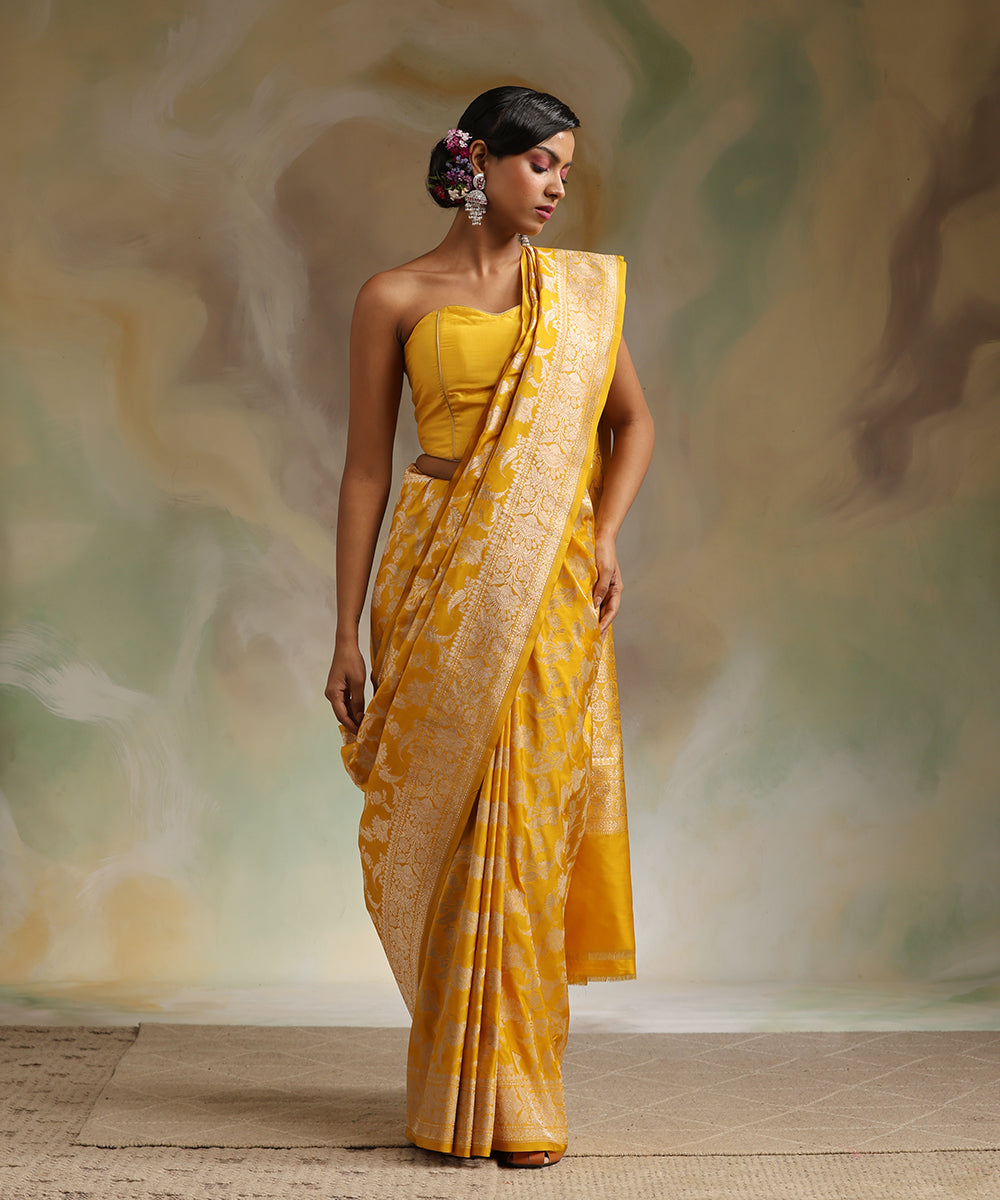Handloom Mustard Pure Katan Silk Banarasi Saree With Gold Zari Cutwork –  WeaverStory
