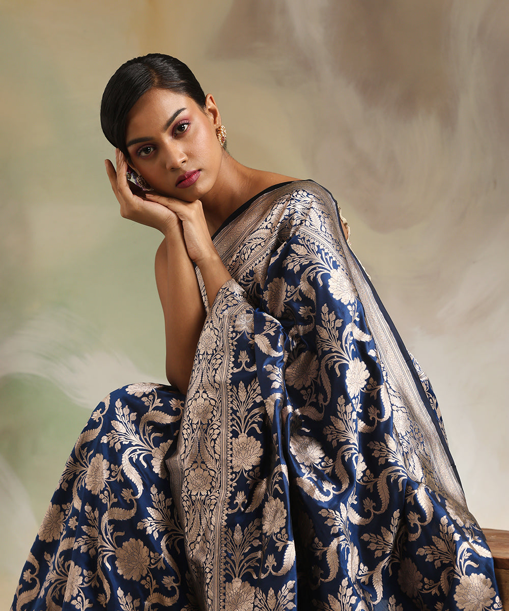 Navy_Blue_Handloom_Pure_Katan_Silk_Banarasi_Saree_With_All_Over_Gold_Zari_Cutwork_Jaal_WeaverStory_01