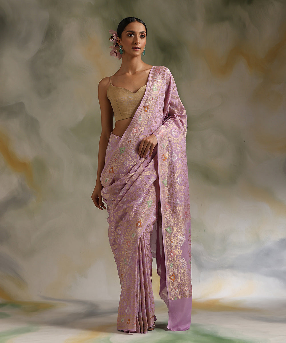 Handloom_Lavender_Pure_Georgette_Banarasi_Saree_With_Multicolour_Meenakari_WeaverStory_02