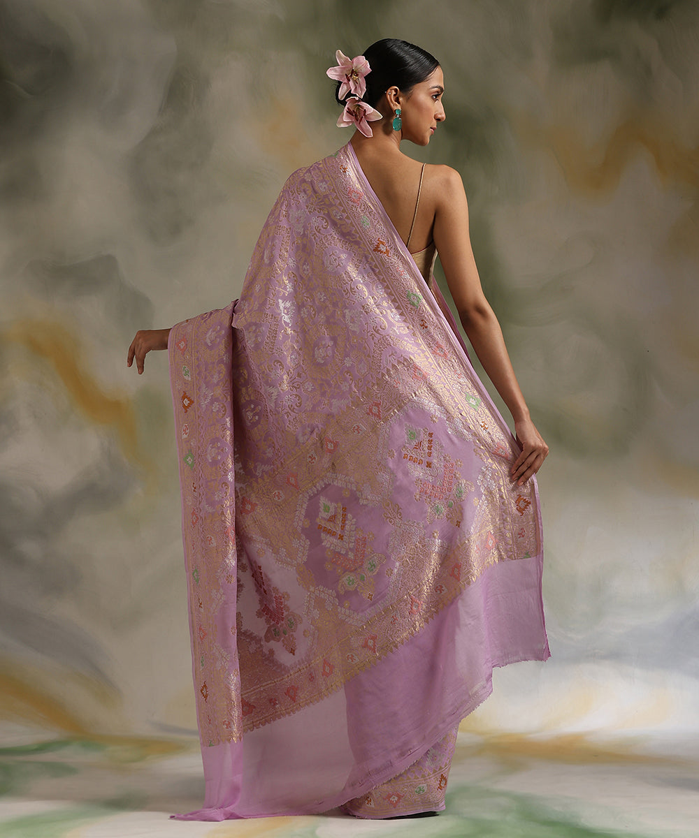 Handloom_Lavender_Pure_Georgette_Banarasi_Saree_With_Multicolour_Meenakari_WeaverStory_03