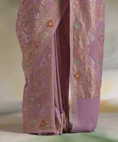 Handloom_Lavender_Pure_Georgette_Banarasi_Saree_With_Multicolour_Meenakari_WeaverStory_04