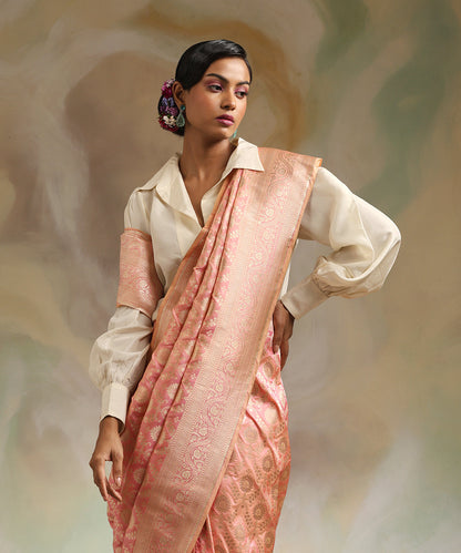 Pink_And_Peach_Double_Shade_Pure_Katan_Silk_Banarasi_Saree_With_Cutwork_Jaal_WeaverStory_01