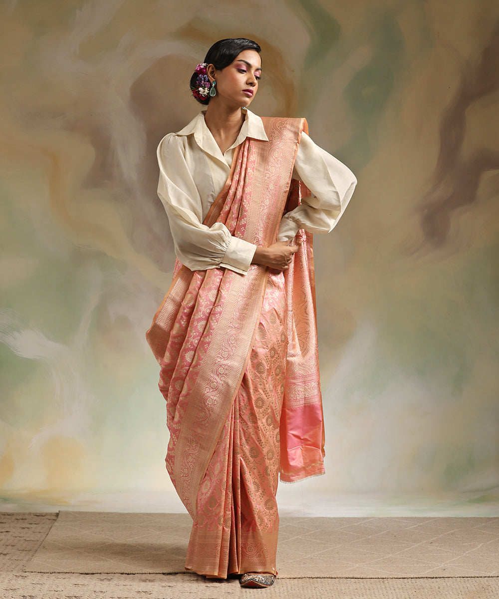 Pink_And_Peach_Double_Shade_Pure_Katan_Silk_Banarasi_Saree_With_Cutwork_Jaal_WeaverStory_02