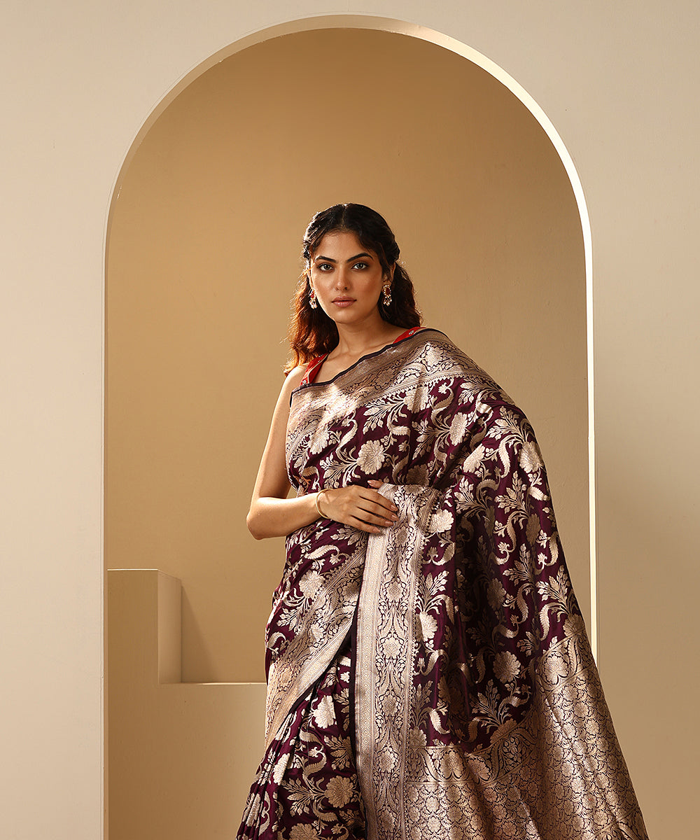 Wine_Handloom_Pure_Katan_Silk_Banarasi_Saree_With_All_Over_Jaal_WeaverStory_01