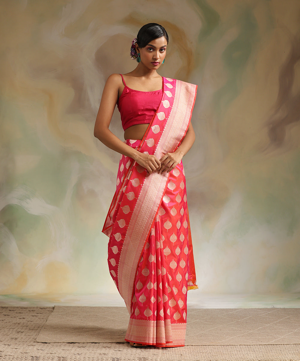 Hot_Pink_Double_Shade_Handloom_Pure_Katan_Silk_Banarasi_Saree_With_Golden_Cutwork_Booti_WeaverStory_02