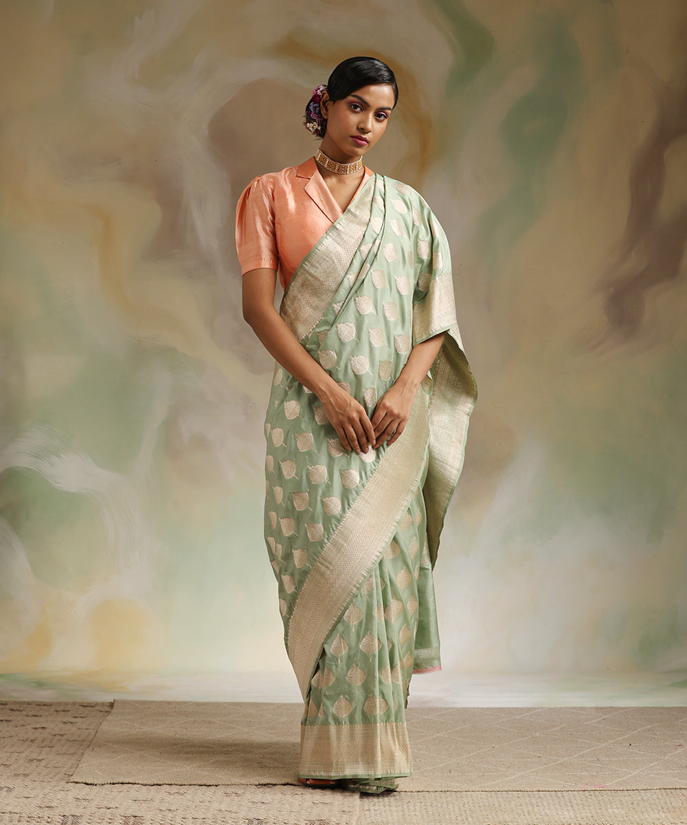 Buy Pastel Green Katan Silk Banarasi Sari Online in USA| Zari Minakari Work  – Pure Elegance