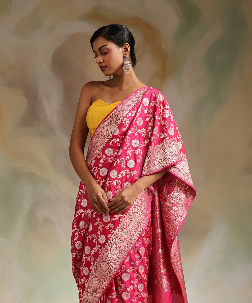 Handloom_Hot_Pink_Double_Shade_Pure_Katan_Silk_Banarasi_Saree_With_Jaal_WeaverStory_01