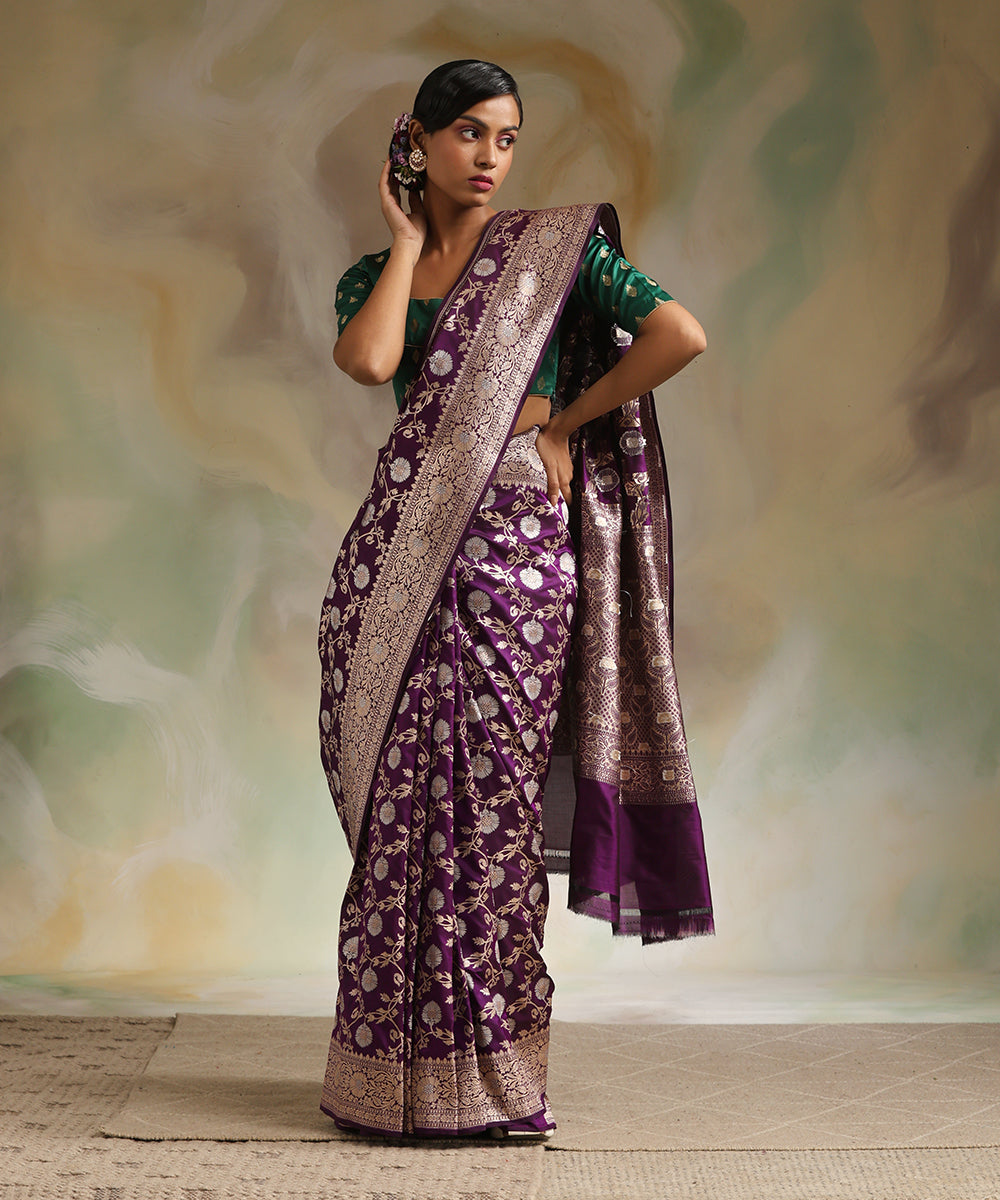 Shop Pure Banarasi Silk Embroidered Purple Color Saree Wedding Wear Online  at Best Price | Cbazaar