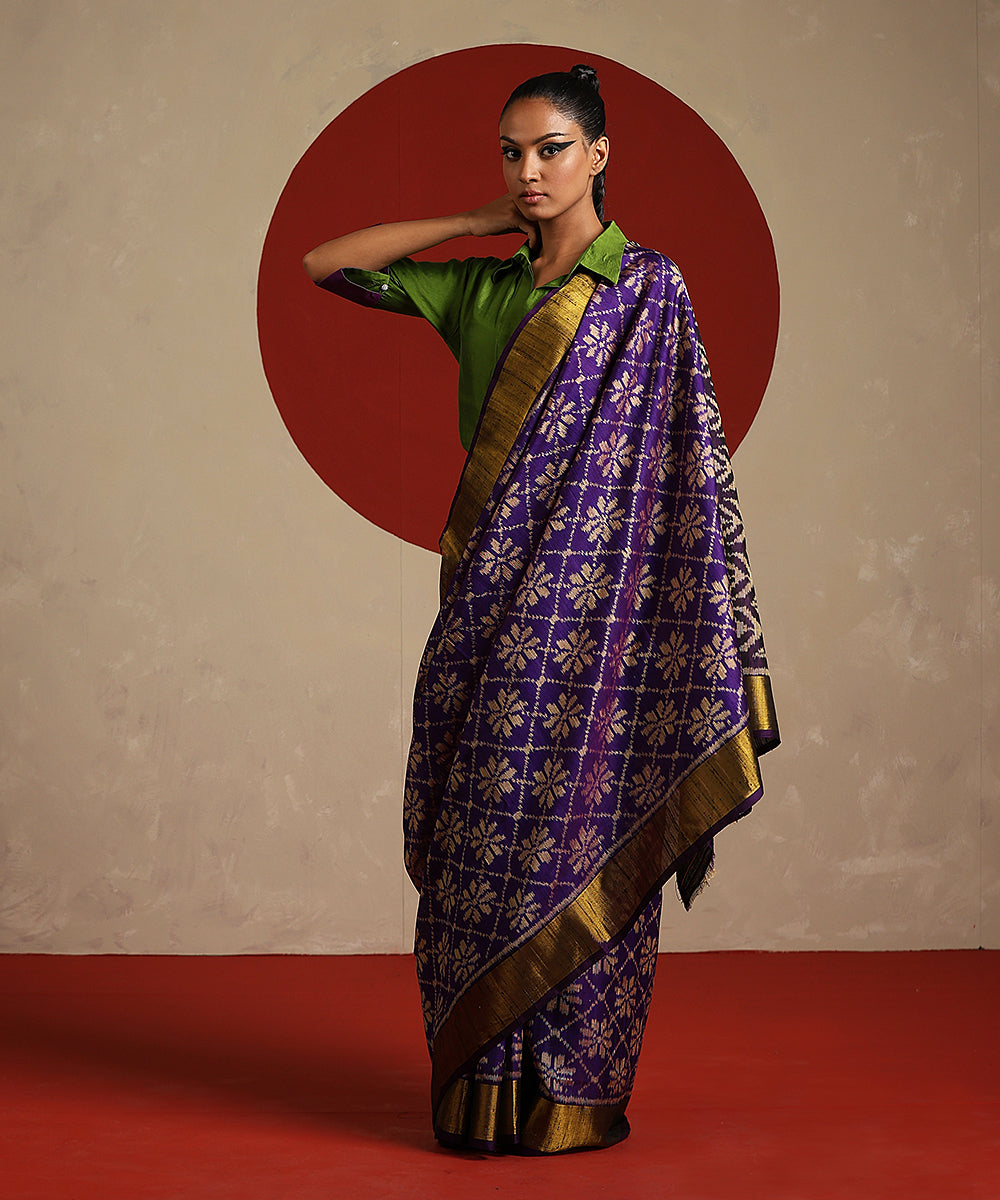 Handloom Purple Pure Raw Silk Single Ikat Patola Saree - WeaverStory