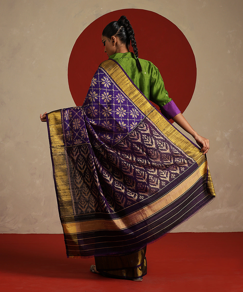 Handloom Purple Pure Raw Silk Single Ikat Patola Saree - WeaverStory