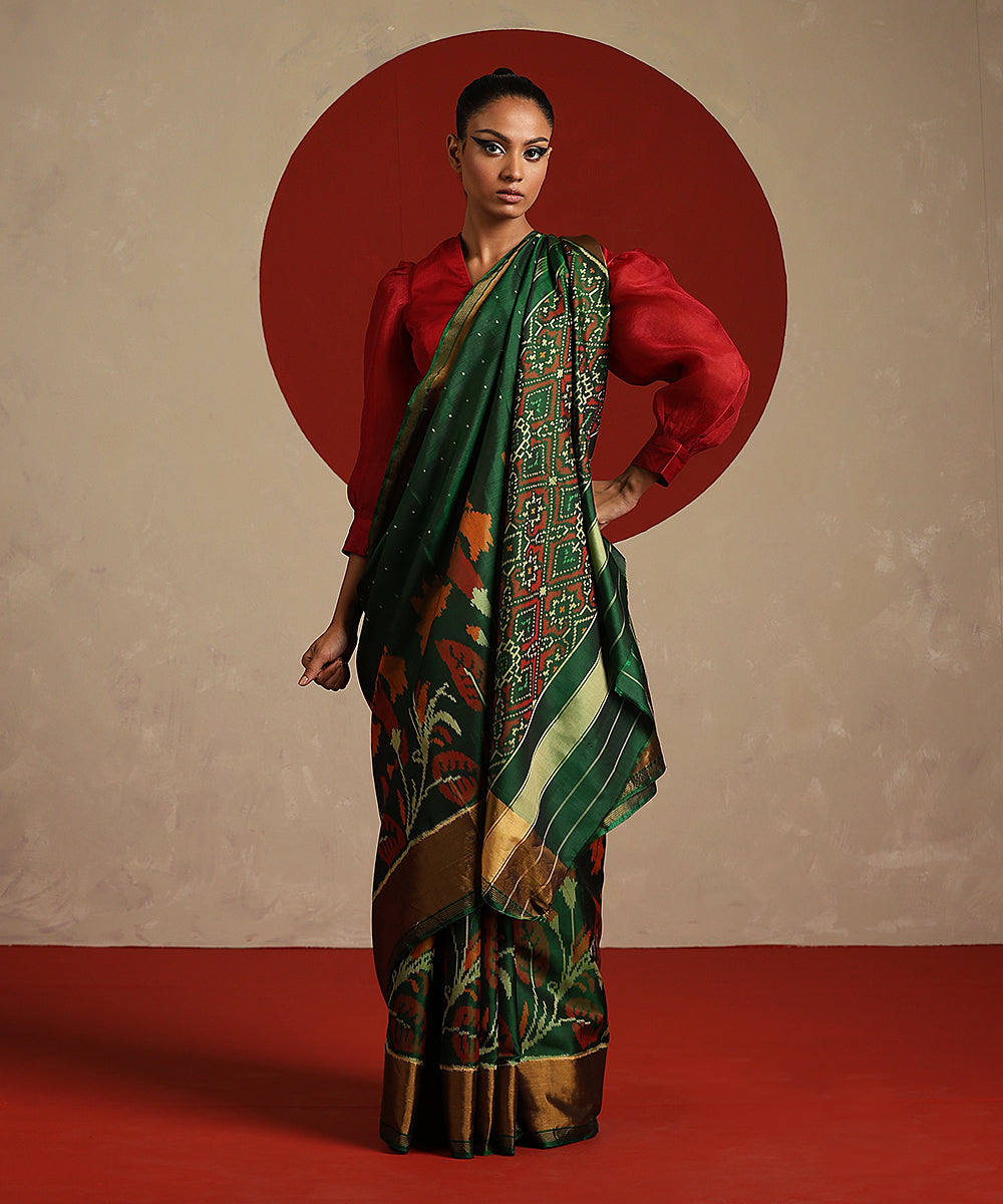 Handloom_Dark_Green_And_Mustard_Pure_Mulberry_Silk_Ikat_Patola_Saree_WeaverStory_02