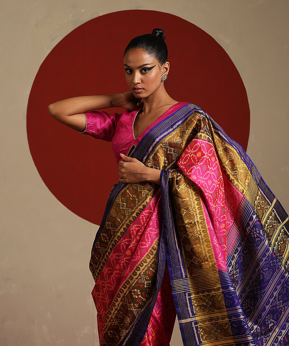 Handloom_Rani_Pink_Double_Shade_Pure_Mulberry_Silk_Single_Ikat_Patola_Saree_WeaverStory_01