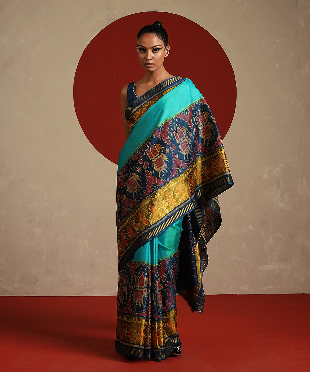 Handloom_Blue_Double_Shade_Pure_Mulberry_Silk_Single_Ikat_Patola_Saree_WeaverStory_02