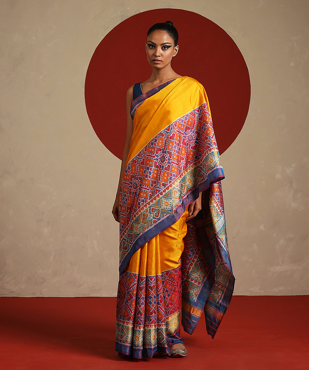 Mustard_And_Red_Double_Shade_Pure_Mulberry_Silk_Ikat_Patola_Saree_WeaverStory_02