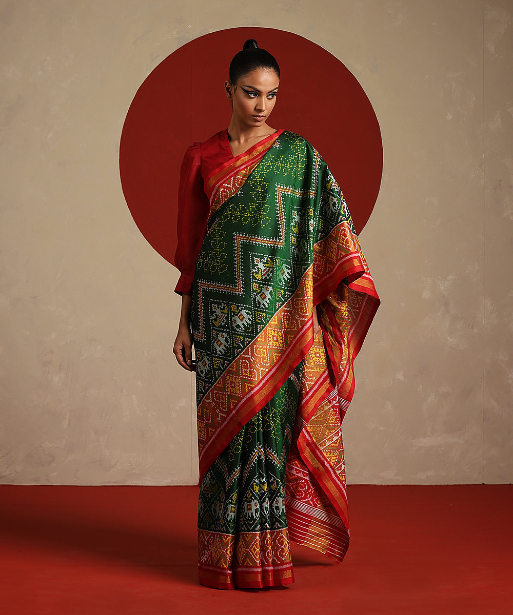 Handloom_Green_Red_Mustard_Double_Shade_Pure_Mulberry_Silk_Ikat_Patola_Saree_WeaverStory_02