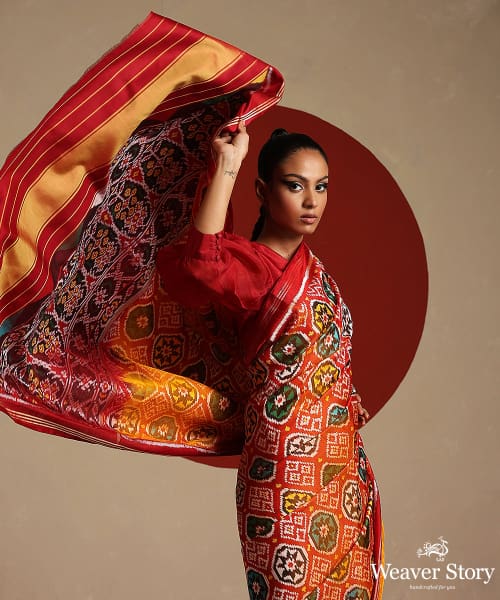 Handloom_Orange_And_Maroon_Double_Shade_Pure_Mulberry_Silk_Single_Ikat_Patola_Saree_WeaverStory_01
