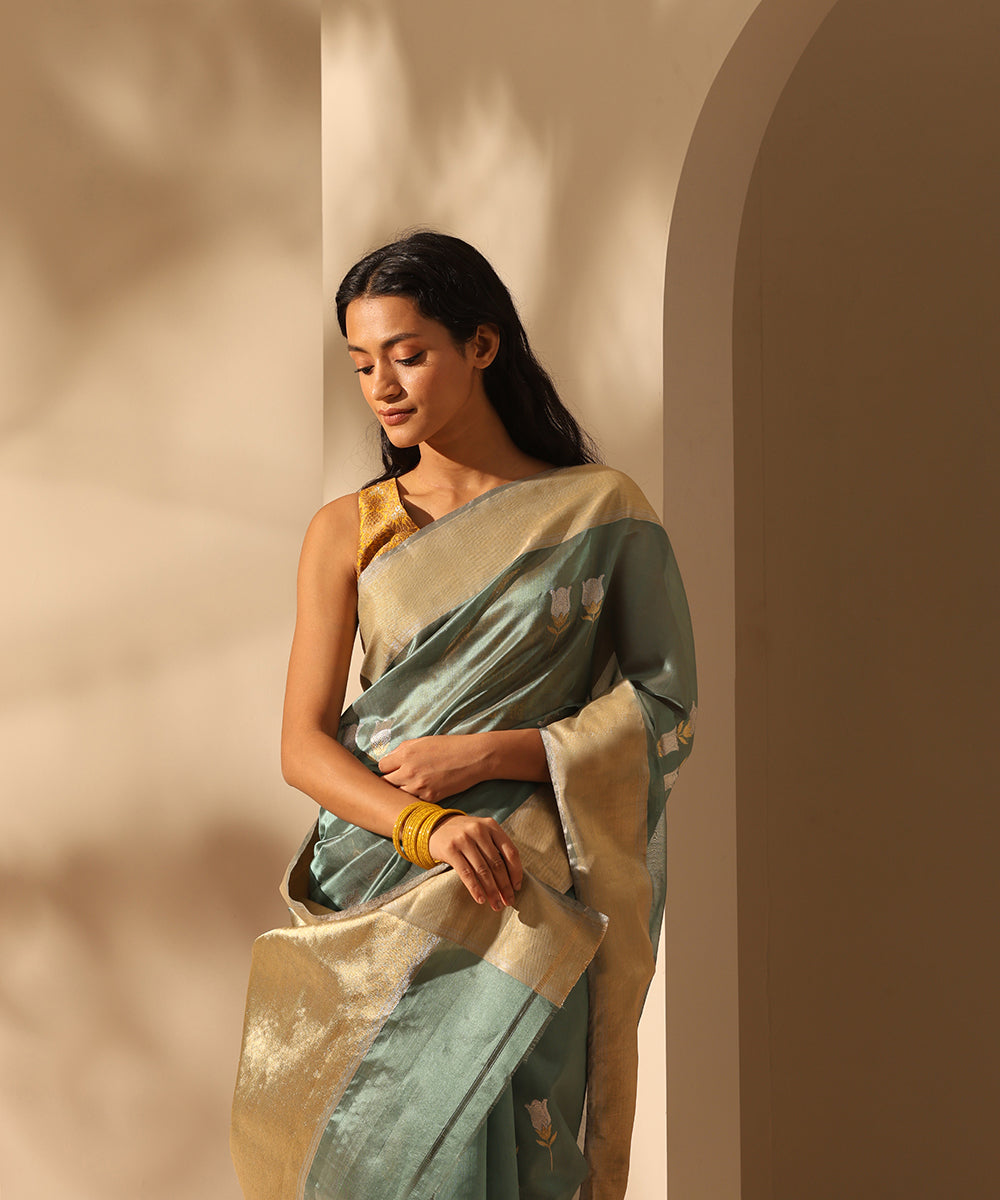 Pastel Sage Green Handloom Pure Chanderi Silk Saree With All Over Kadh ...