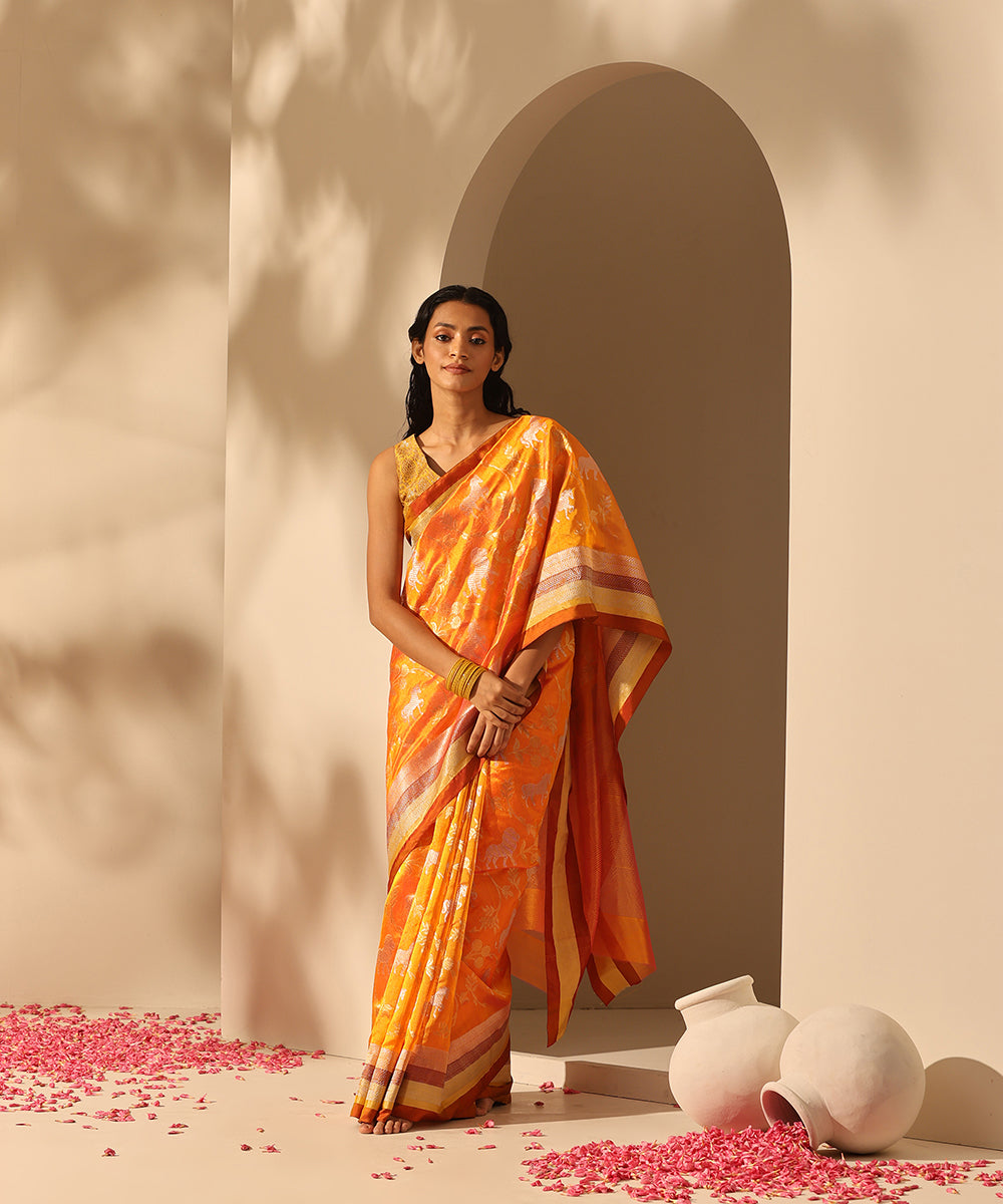 Handloom_Orange_Pure_Chanderi_Silk_Saree_With_Shikargha_Motifs_WeaverStory_02