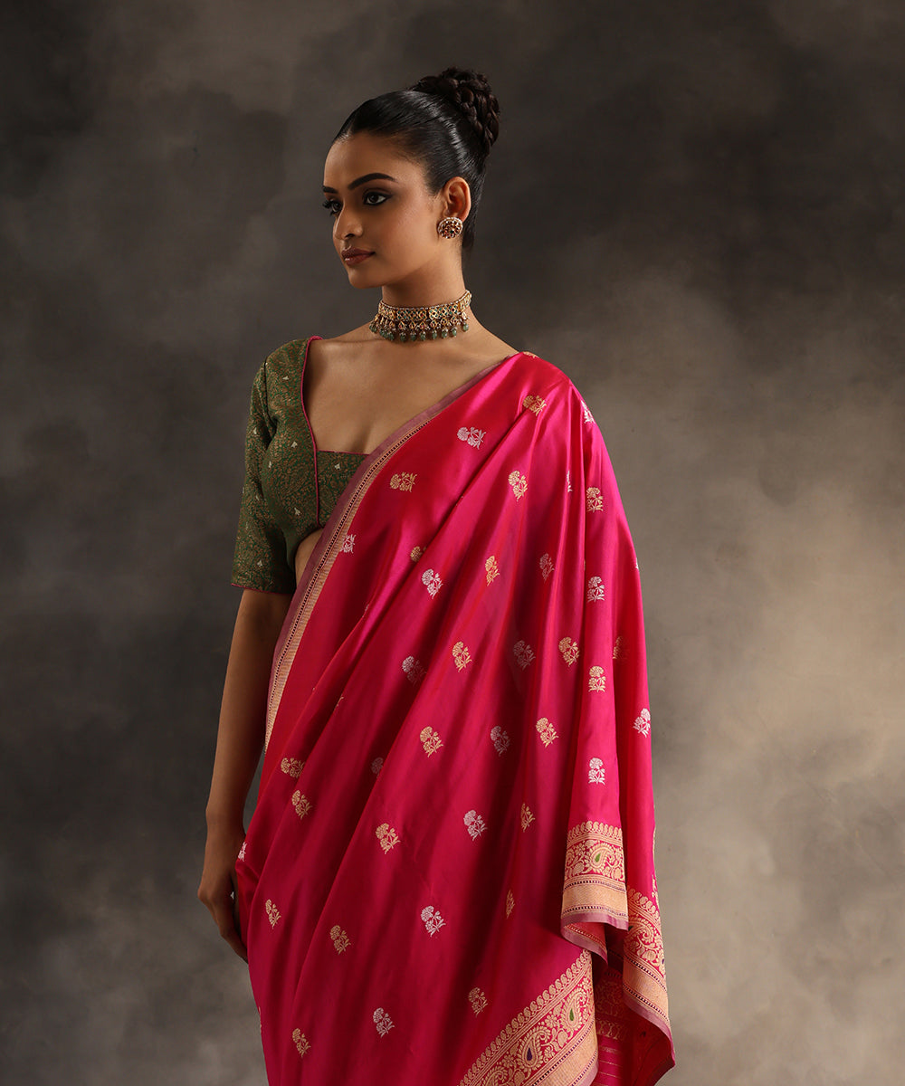 Hot_Pink_Handloom_Pure_Katan_Silk_Banarasi_Saree_With_All_Over_Zari_Booti_WeaverStory_01