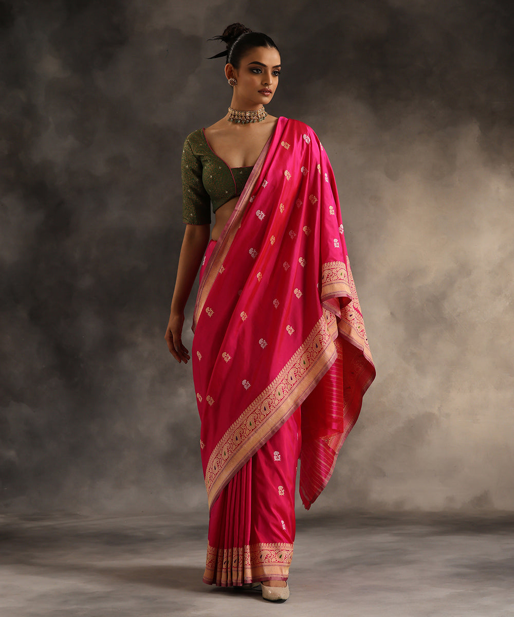 Hot_Pink_Handloom_Pure_Katan_Silk_Banarasi_Saree_With_All_Over_Zari_Booti_WeaverStory_02