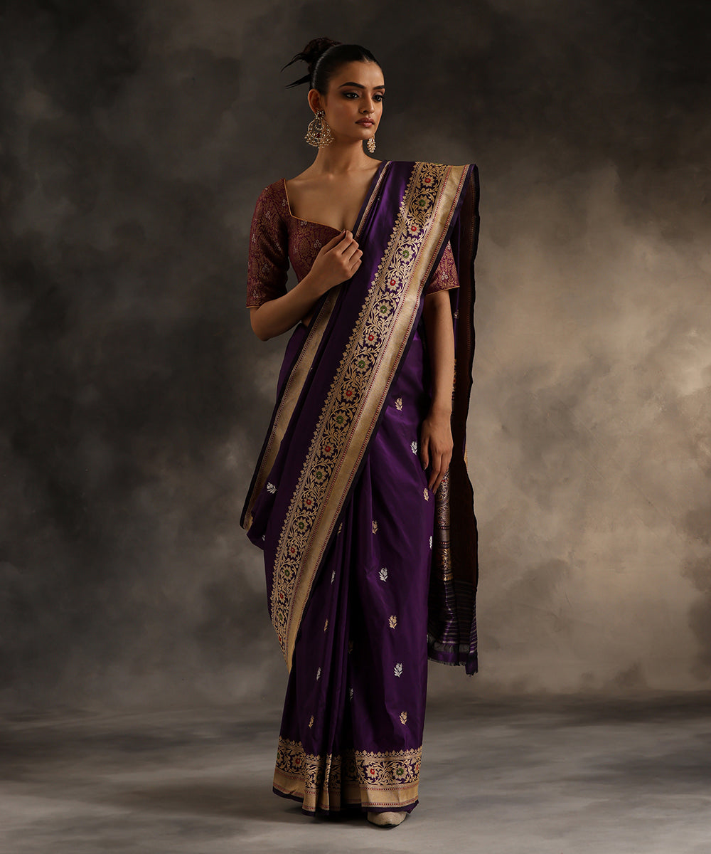 Handloom_Purple_Double_Shade_Pure_Katan_Silk_Banarasi_Saree_With_Booti_WeaverStory_02