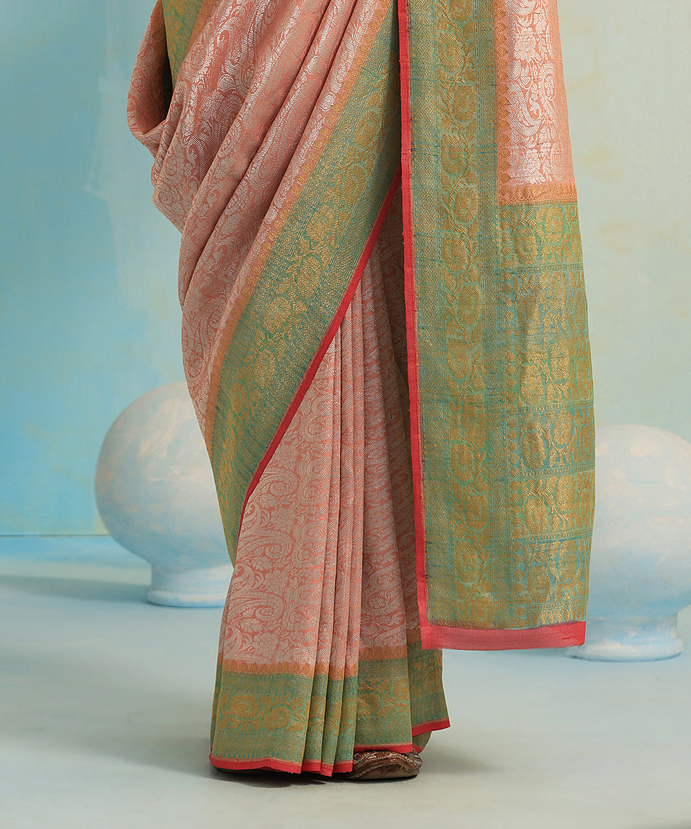 Handloom_Peach_And_Pink_Pure_Tussar_Georgette_Tanchoi_Banarasi_Saree_With_Cutwork_Weave_WeaverStory_04